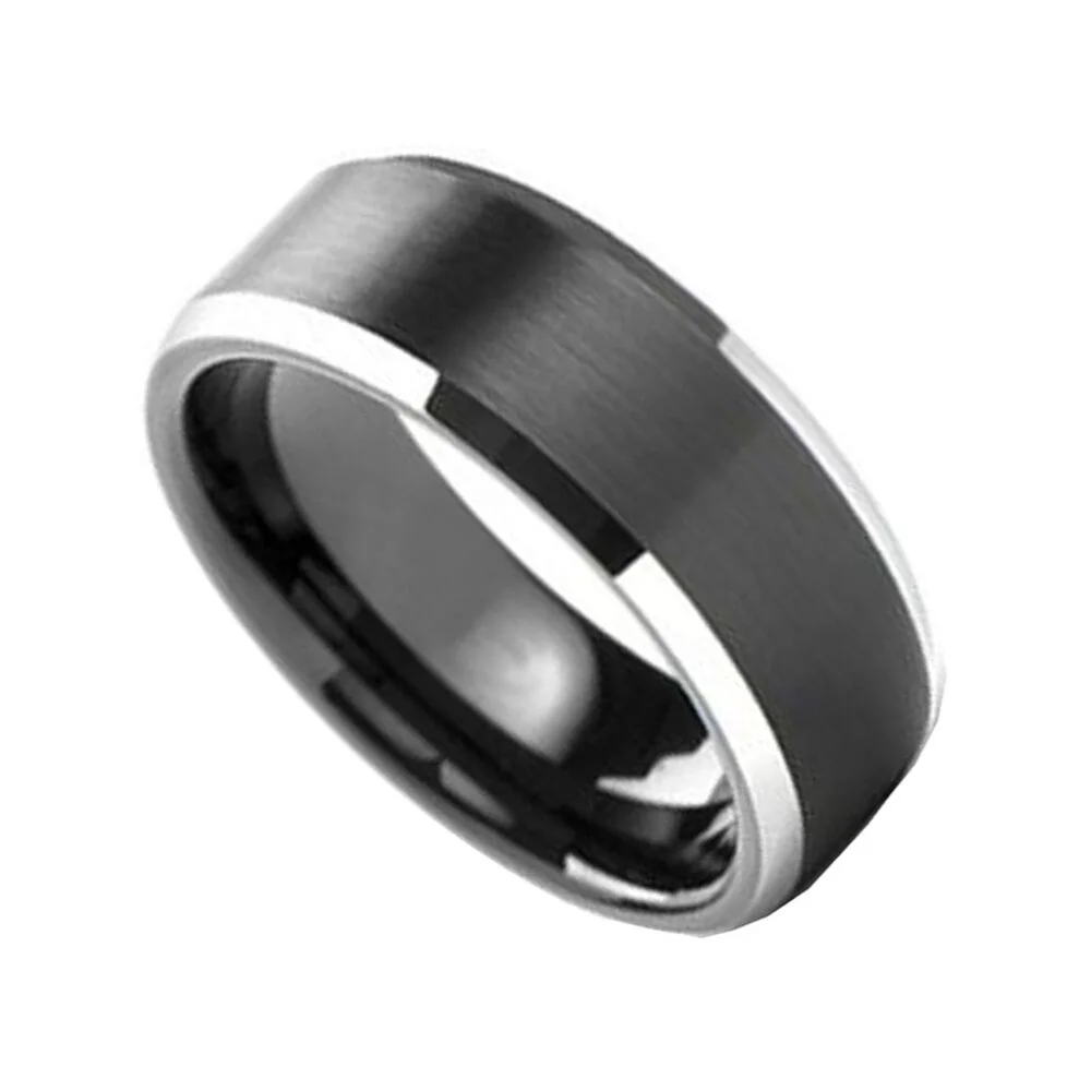 6MM 8MM Black Brushed Center Tungsten Wedding Ring Polished Beveled Edges