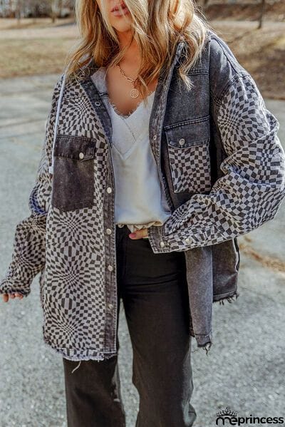 Plaid Snap Down Raw Hem Drawstring Hooded Jacket