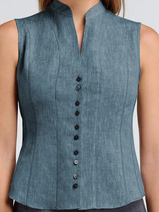 Vintage Solid Button Sleeveless Top