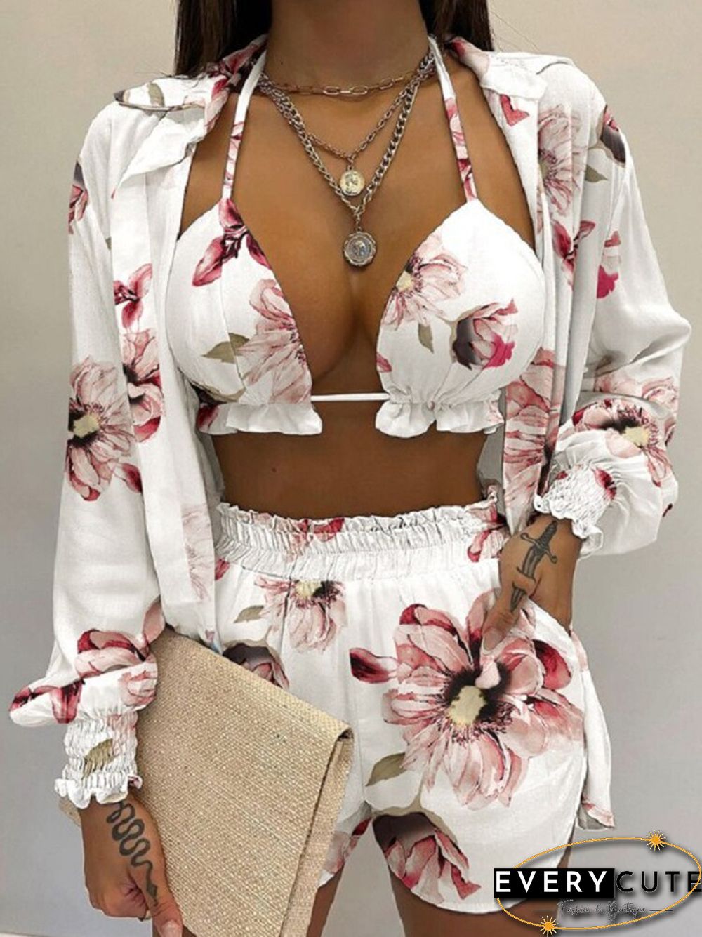 Retro Elegant Print V-Neck Bra Long Sleeve Shirts tops shorts suits beach women casual