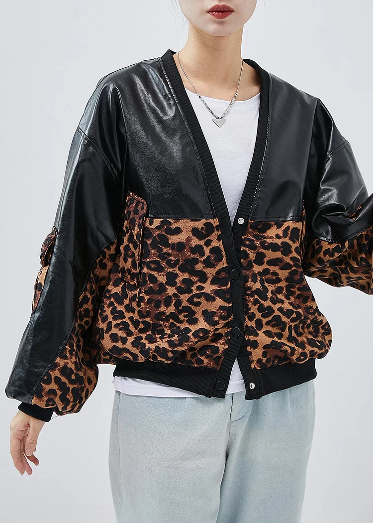 Unique Black Oversized Patchwork Leopard Faux Leather Coats Spring