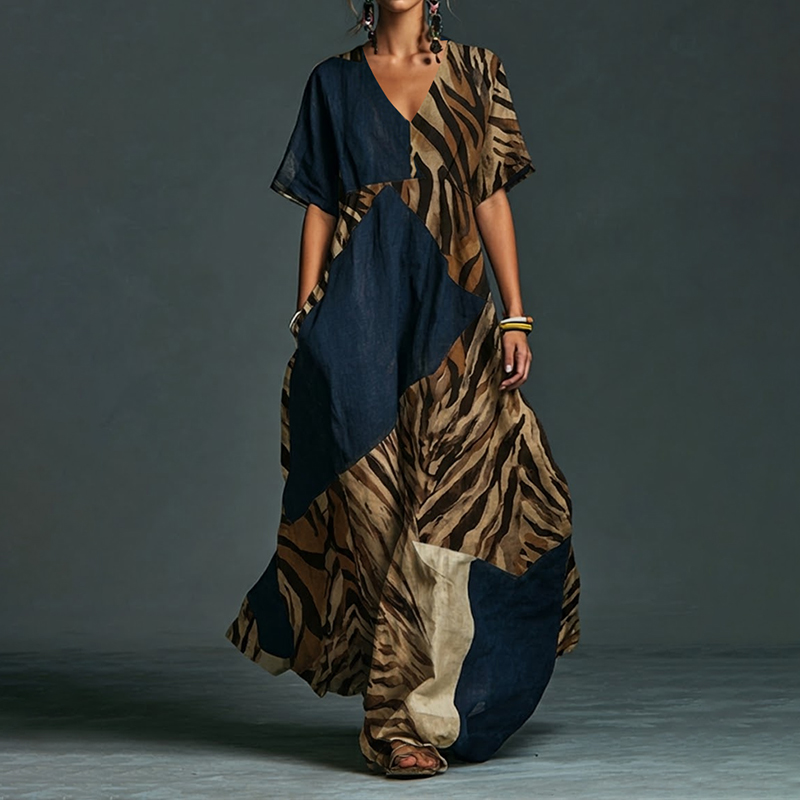 Comstylish Women's Vintage Simple Color Block Flowy Linen Blend Casual Maxi Dress