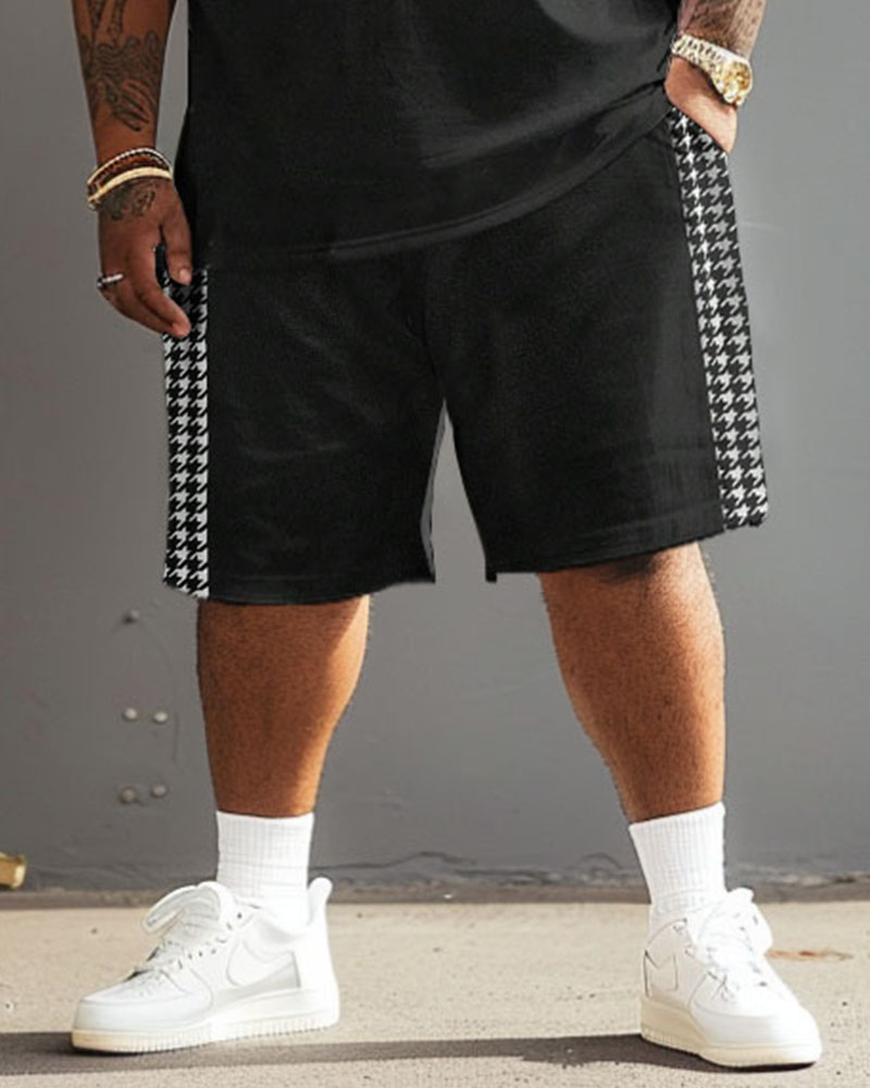 Big Men's Casual Simple Houndstooth Patchwork Printed T-Shirt Shorts Set