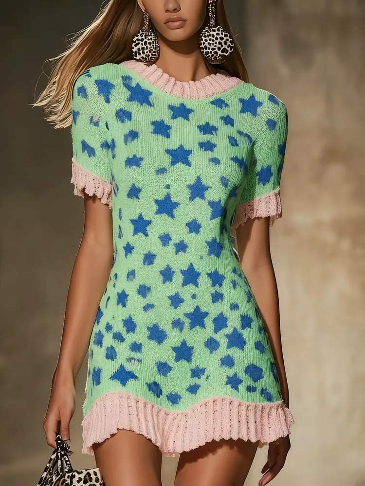 Patterned frilly knitted dress