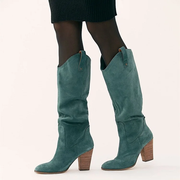 Green Vegan Suede Slouch Western Boots Chunky Heel Knee High Boots |FSJ Shoes