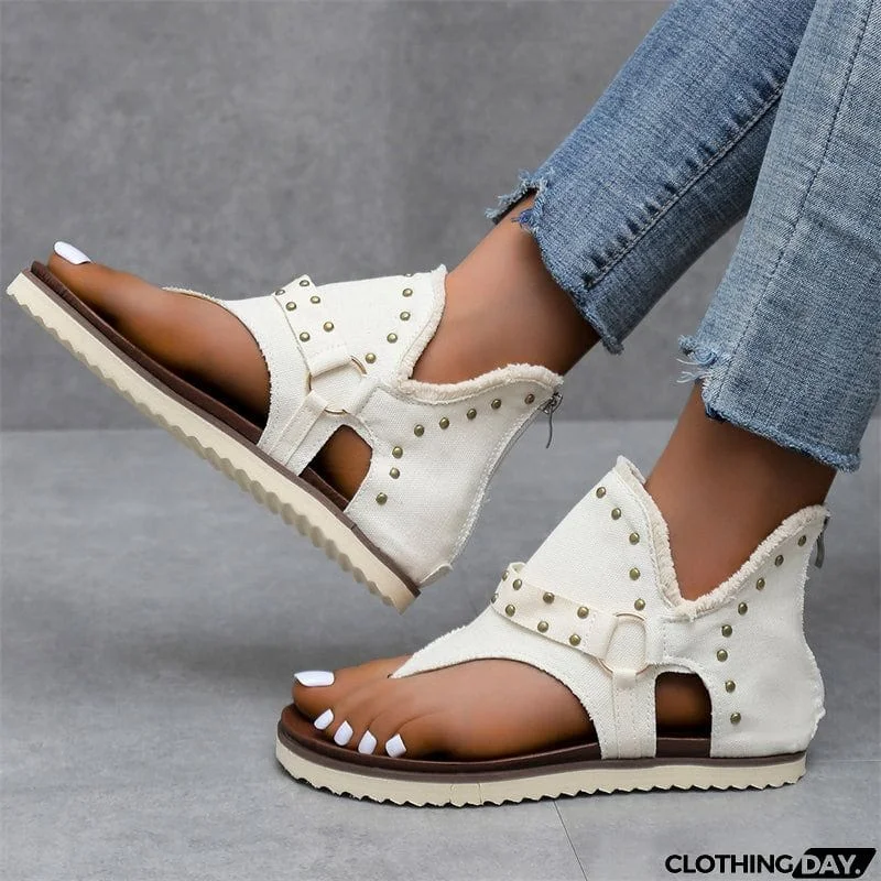 Trendy Metal Rivets Flat Zipper Roman Sandals for Lady