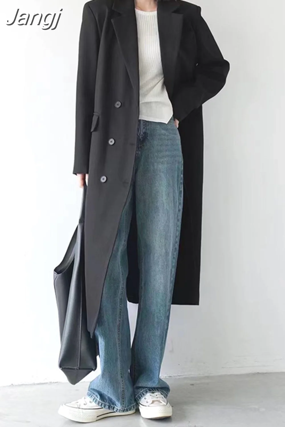 Jangj Double Breasted Long Blazer Trench Coat Korean Fashion Turndown