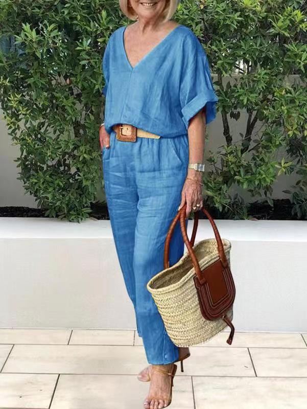 Spring Summer Cotton Linen Set Women's Tracksuit V-neck Top Drawstring Casual Long Pants Set Female Trendy Fashion Ladies Suit 