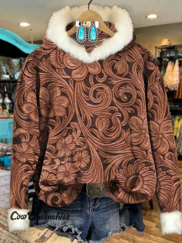 Brown Vintage Ethnic Flowers Print Imitation Rabbit Fur Trim Casual Hoodie Sweatshirt Multicolor / S