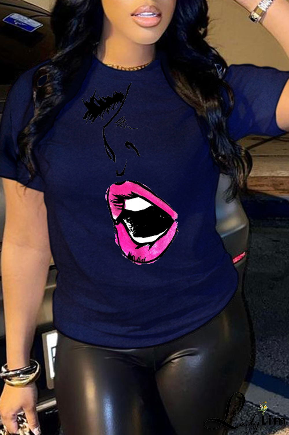 Navy Blue Casual Street Print Patchwork O Neck T-Shirts