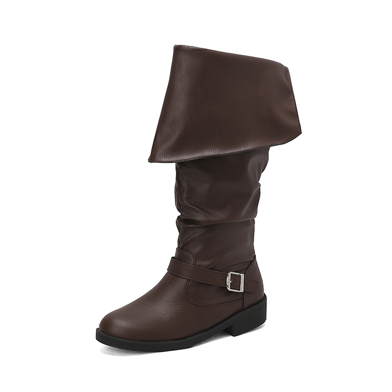 GOOSHOE Flat Bottomed Women's Knightly Boots With Belt Buckle Pleated Thick Heels And Knee High Boots
