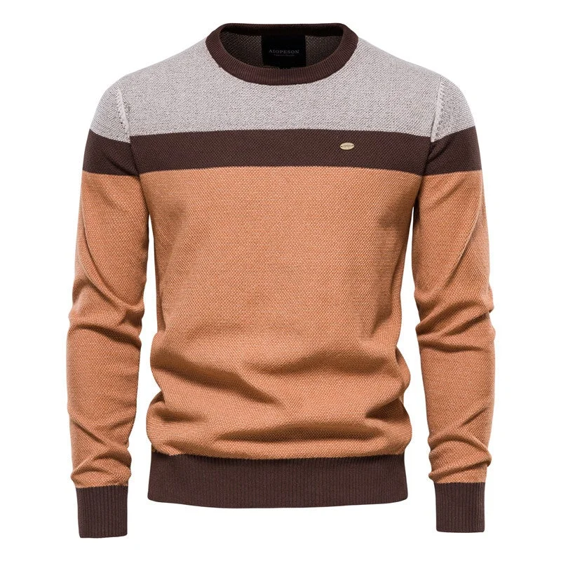 Men Striped Knit Sweater Casual Pullover Tri-Tone Jumper