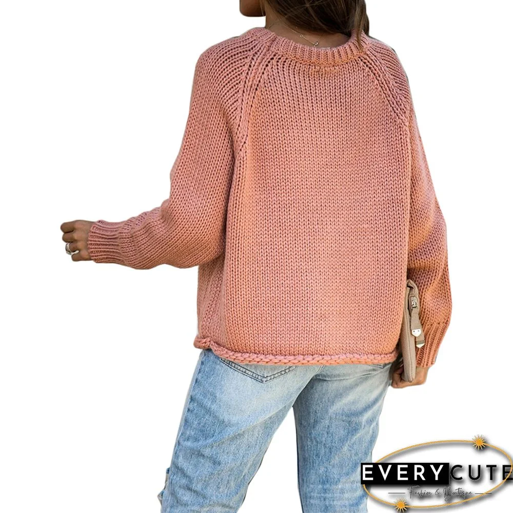 Pink Solid Long Sleeve Thick Wool Sweater