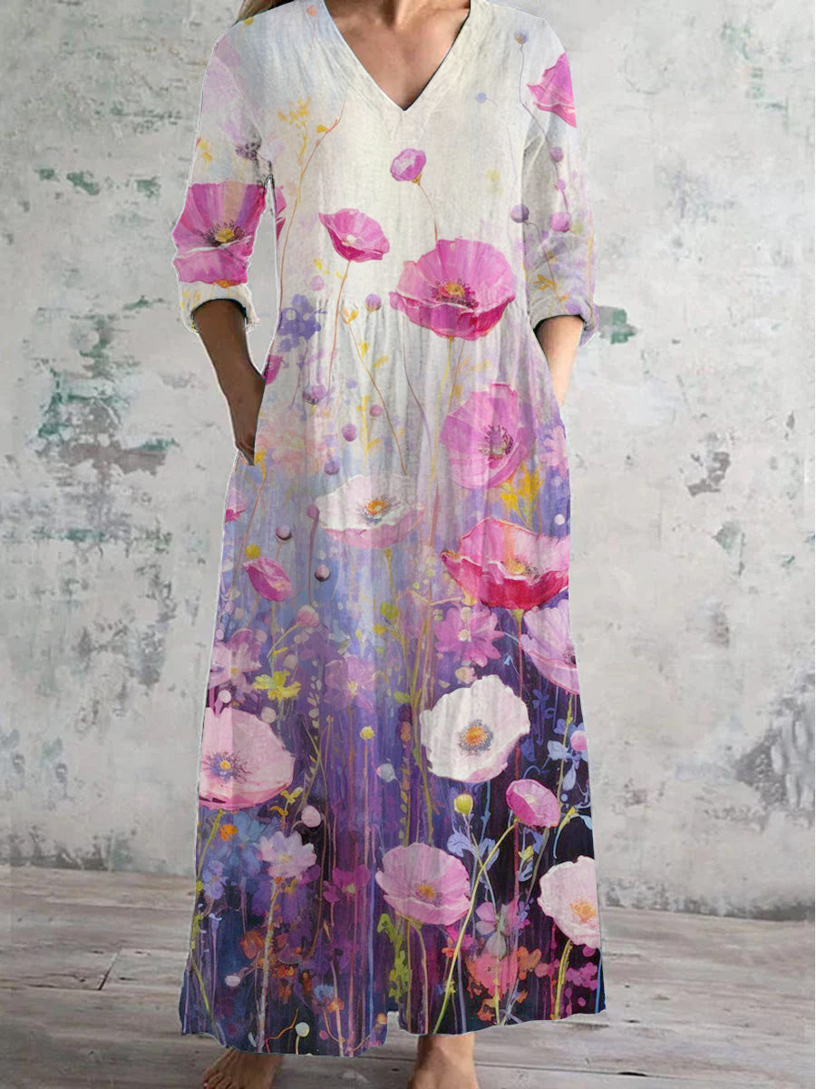 Women's V-Neck Floral Art Cotton And Linen Pocket Dress