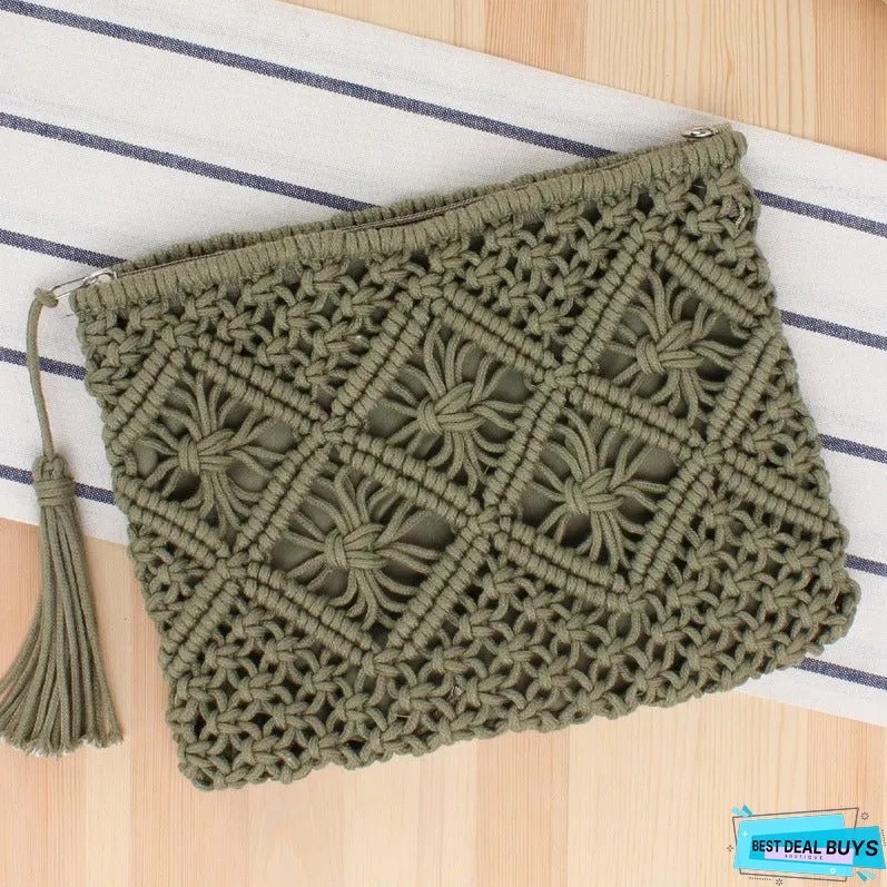 Paziye Boho Tassel Woven Straw Clutch Bag