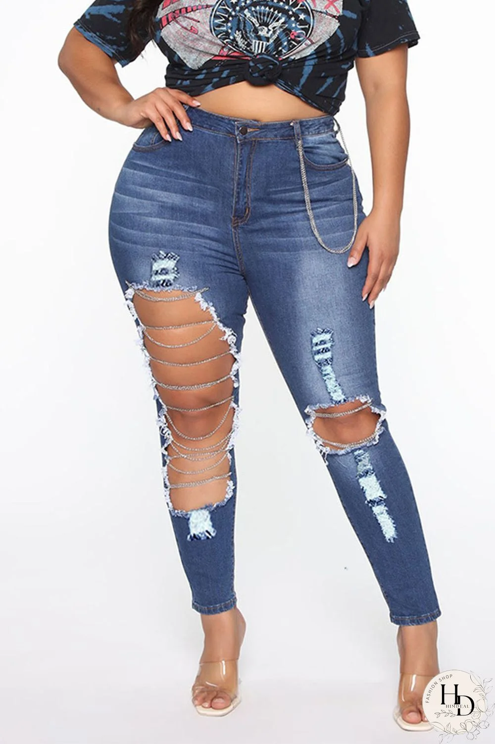 Dark Blue Casual Solid Ripped Buttons High Waist Regular Denim