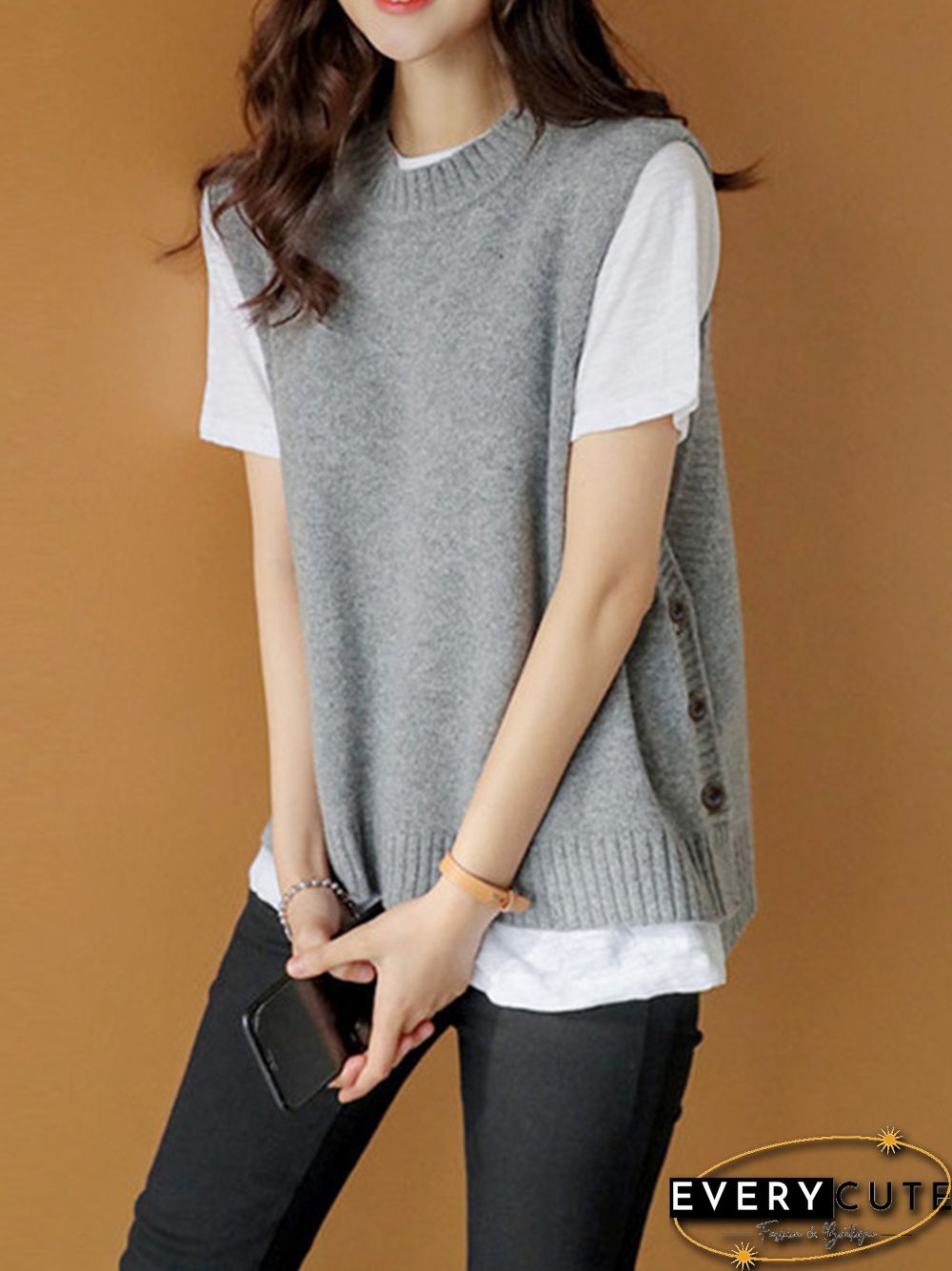 Simple Sleeveless Loose Buttoned Solid Color Round-Neck Sweater Vest Outerwear