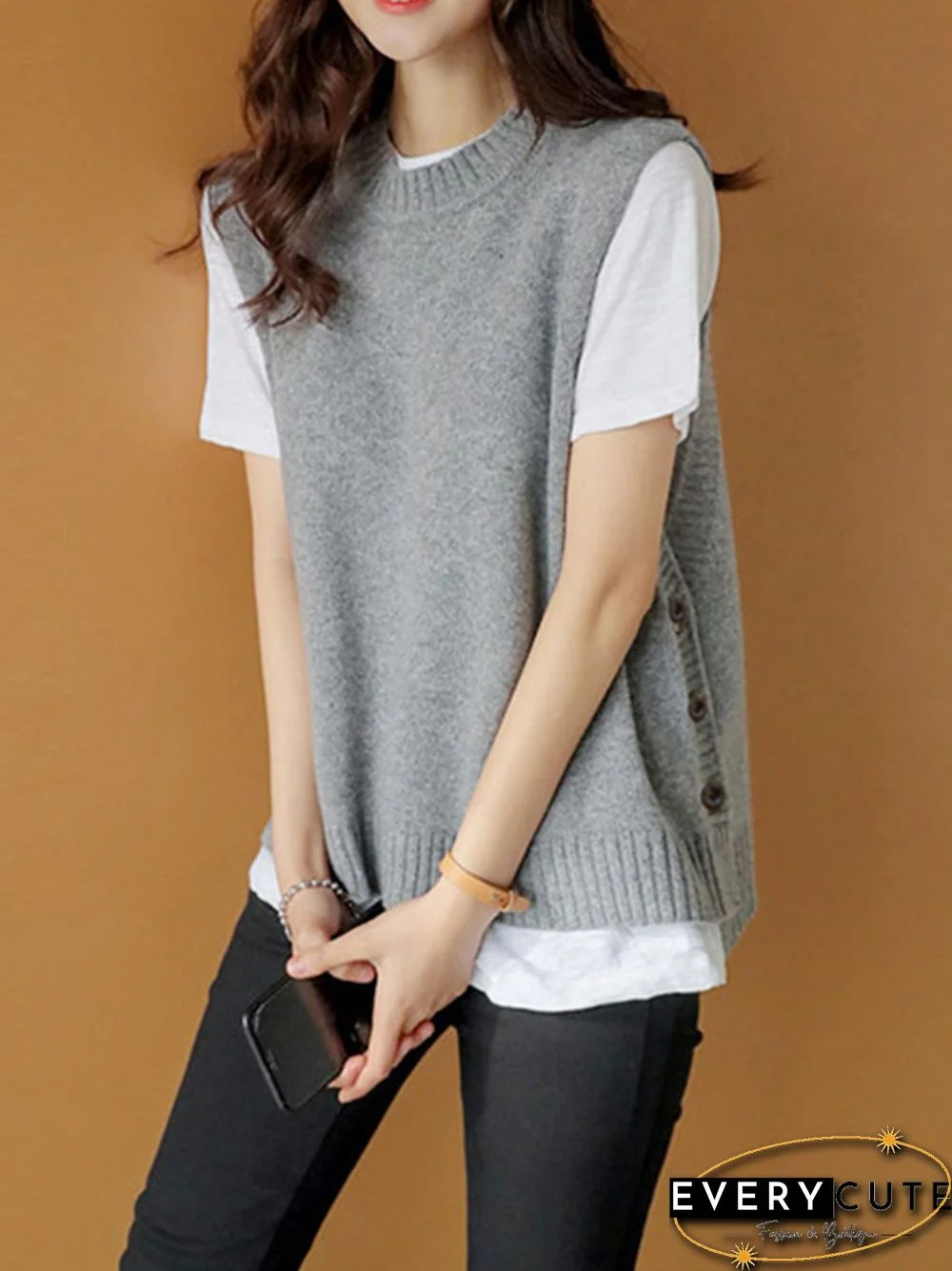 Simple Sleeveless Loose Buttoned Solid Color Round-Neck Sweater Vest Outerwear