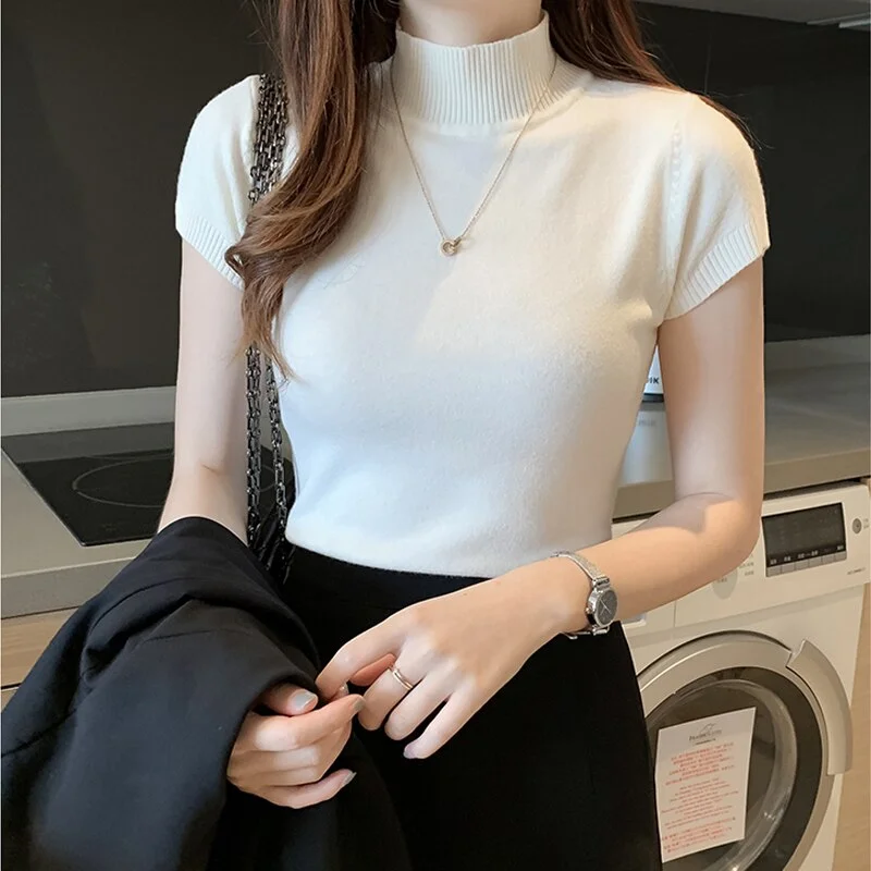 Korean Clothing Khaki Knitted Women Tops Women's Turtleneck Blouse Summer Casual Slim Short Sleeve Blouses Top Blusas Mujer 8622