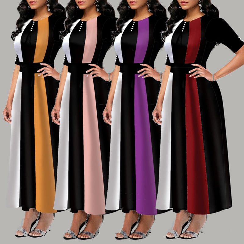 Autumn Women Clothing Elegant Slim Fashion Color Contrast Dress Long