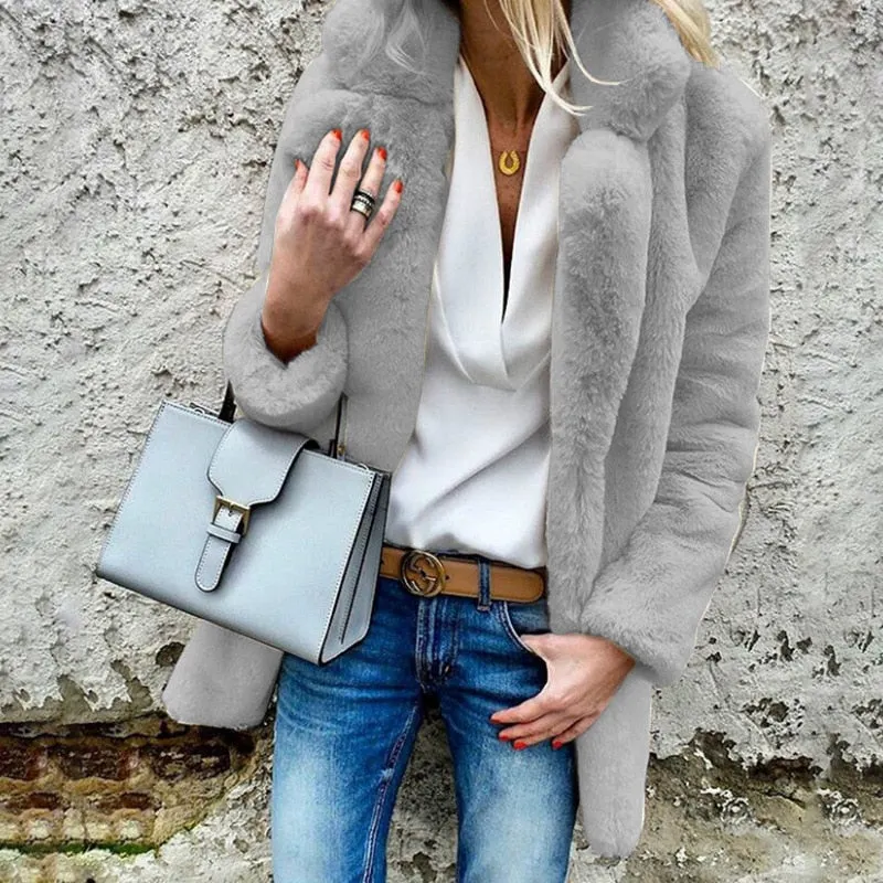 Fall/winter new style solid color long-sleeved lapel women's fluffy coat