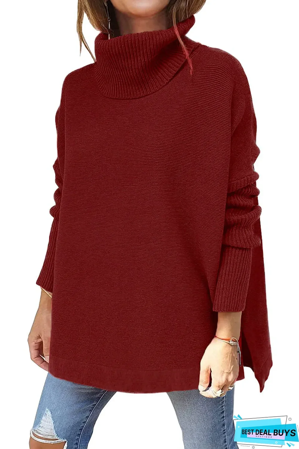 High Neck Bat Wing Sleeve Split Hem Waistband Pullover Sweater