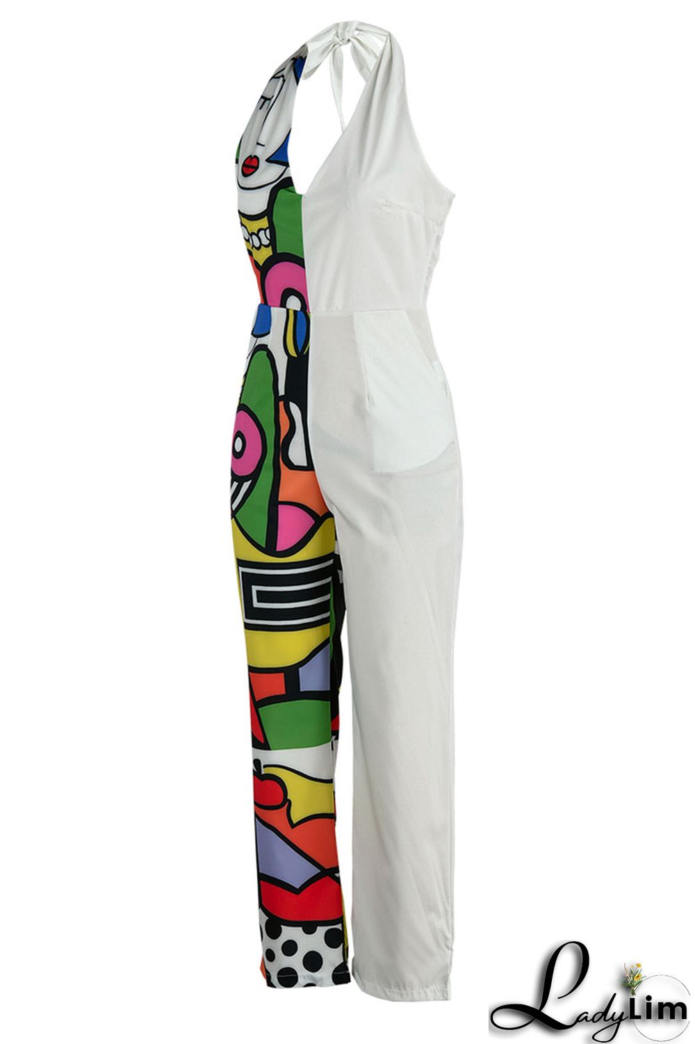 Black Casual Print Bandage Patchwork Backless Straight Jumpsuits