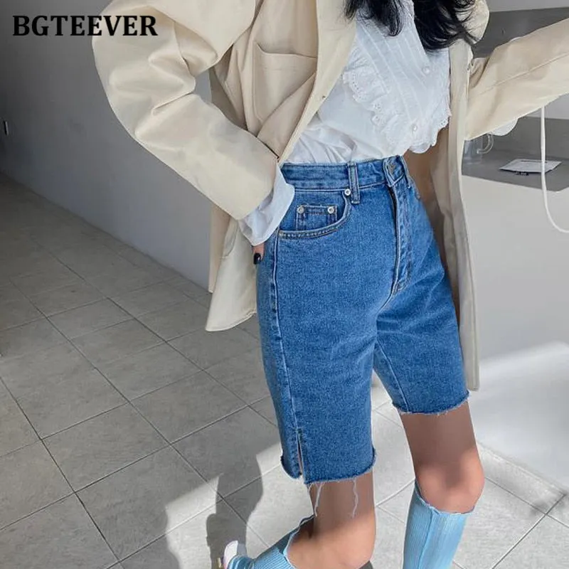 BGTEEVER Casual Summer Half Denim Shorts for Women High Waist Loose Pockets Female Straight Jeans Shorts 2021 Ladies Streetwear