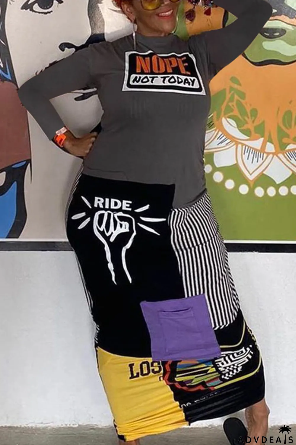 Black and white Elegant Polyester Print O Neck Long Sleeve Ankle Length Long Sleeve Dress Dresses