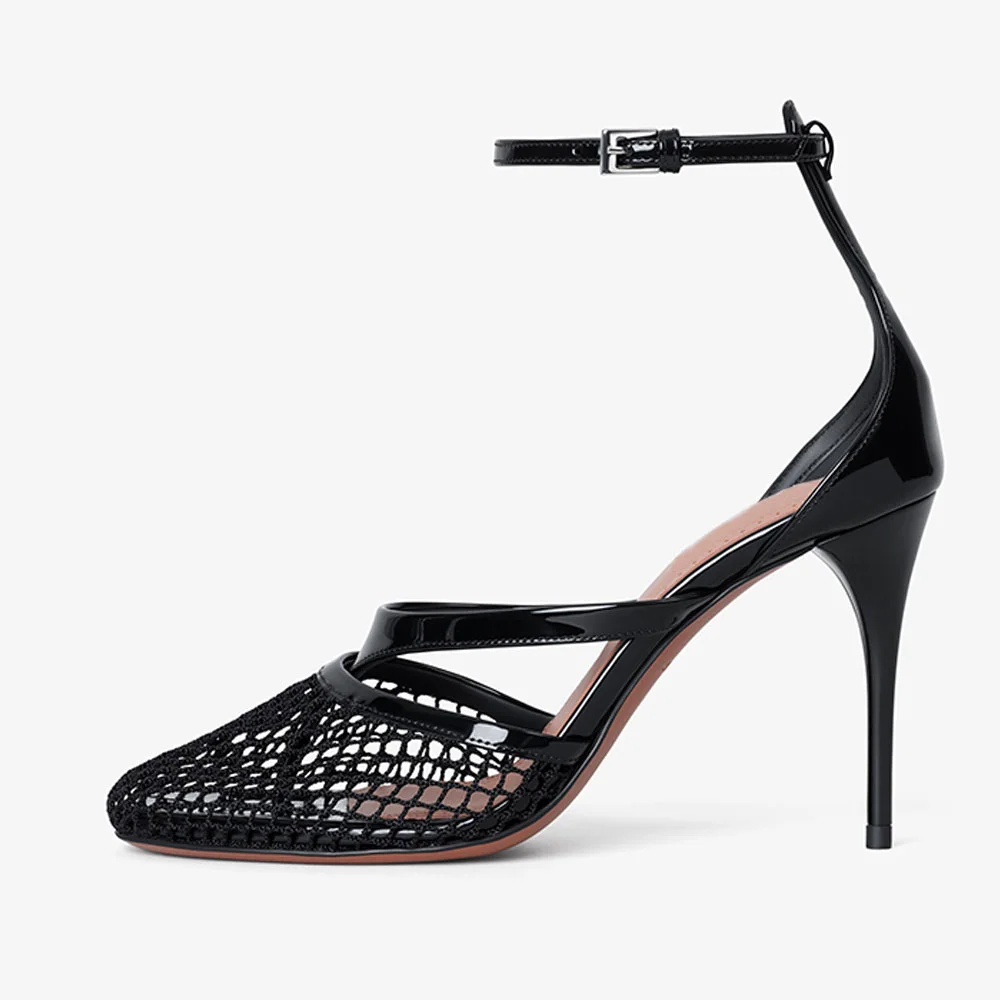 YDN Black Fishnet Round Toe Ankle Strap Stiletto Heeled Sandals
