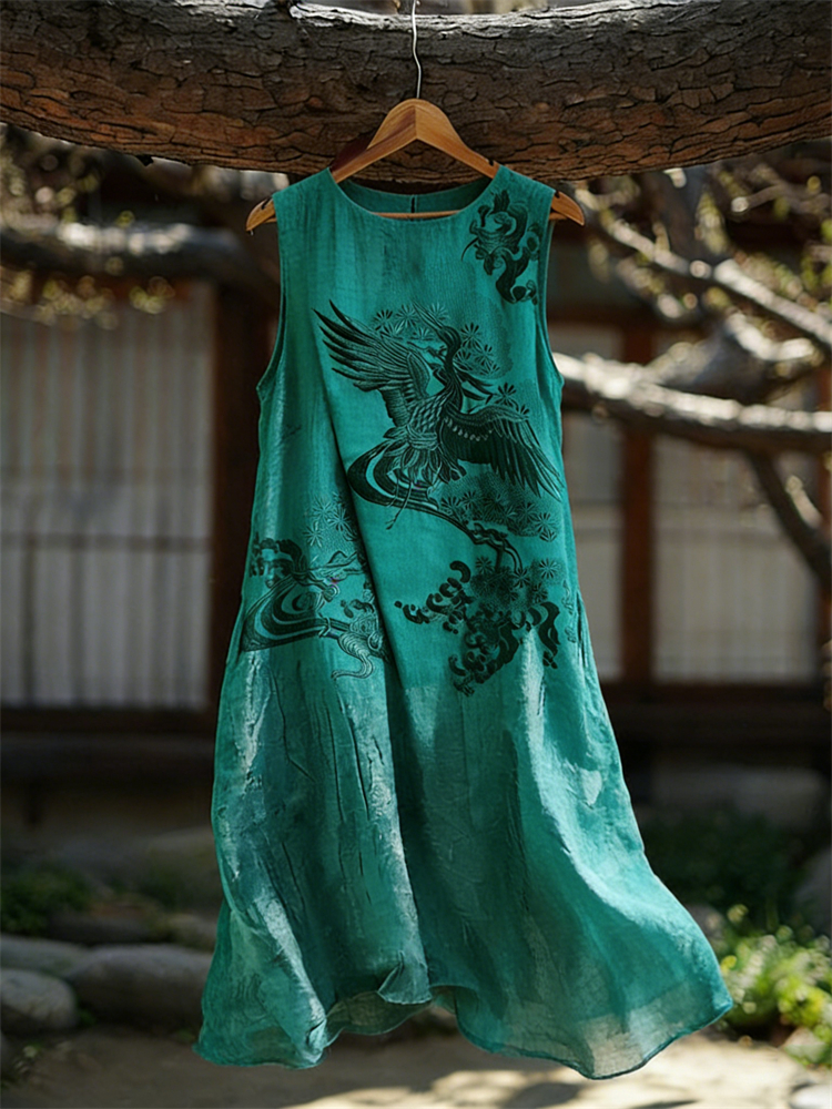 Classy Japanese Cranes Art Flowy Linen Tank Dress wearshes