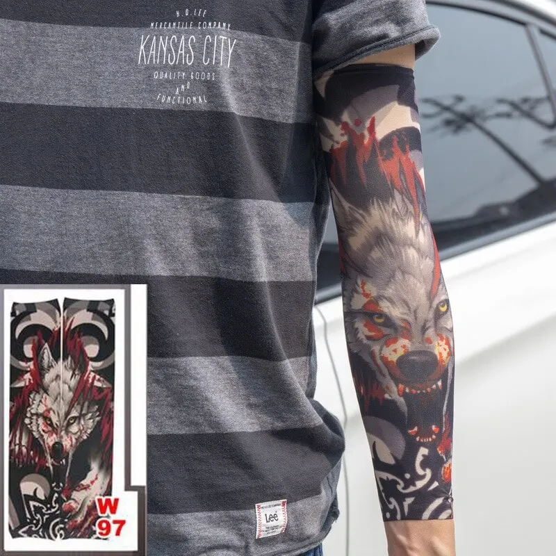 Sdrawing Temporary Tattoo Sleeve Tattoos Full Long Arm Tattoo Sleeve Men Elastic Nylon Tattoos skull dragon snake tiger tatoo sleeve