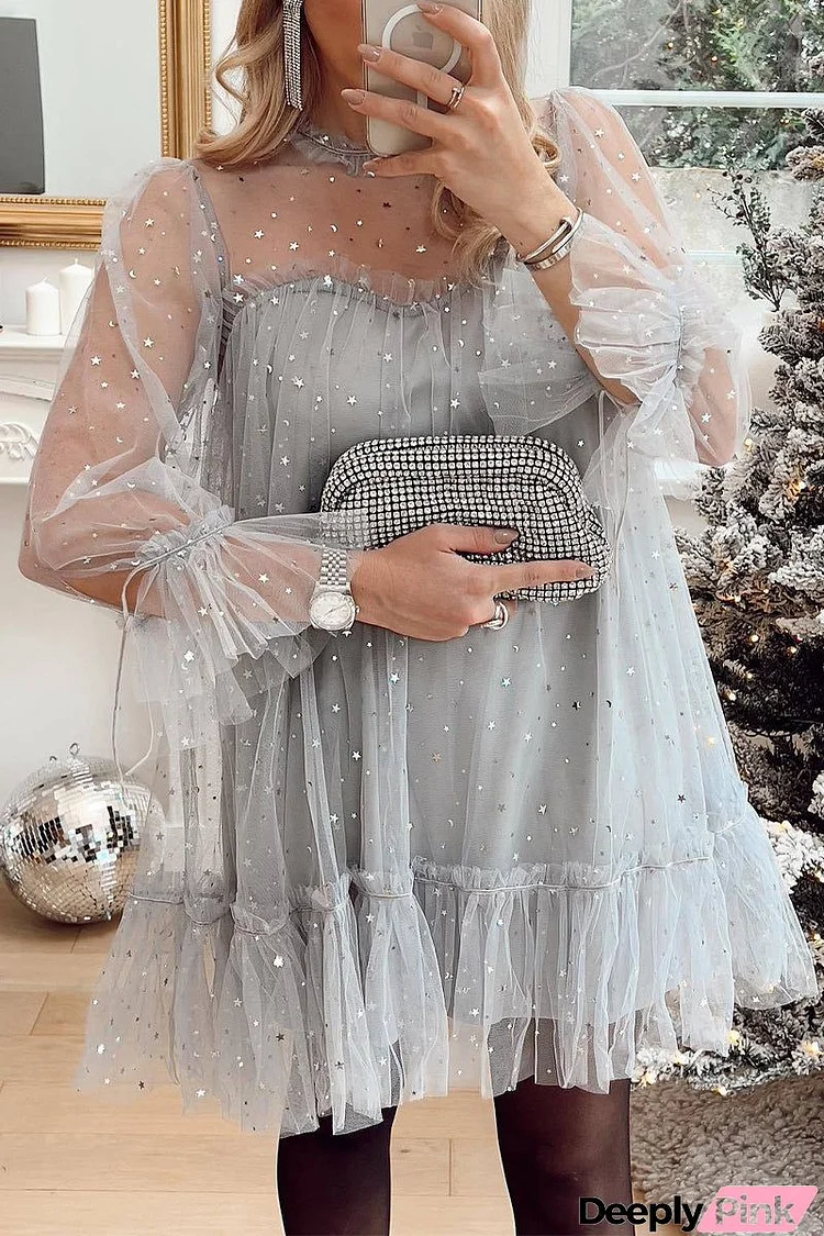 Sweet Cute Solid Patchwork Sequined O Neck Long Sleeve Dresses