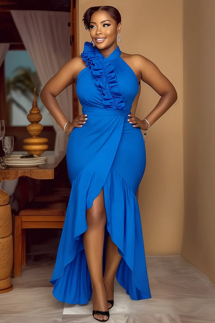 Halter Ruffle Overlap Wedding Guest Maxi Fishtail Dresses-Blue [Pre Order]