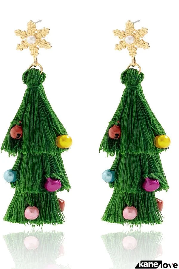 Bohemian Lightweight Christmas Tree Tassel Beaded Earrings