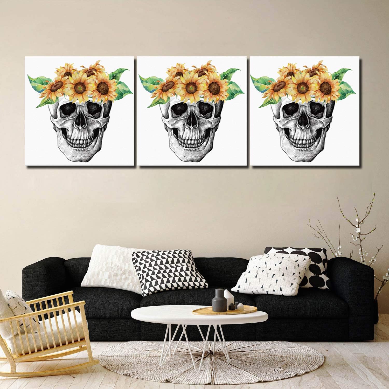 Wall Art for Bedroom Decor, 3 Panel Wall Decor Painting Posters for Living Room Decor Office Decor, Room Decor Aesthetic Canvas Wall Art, Skull with Sunflowers Home Decor Canvas Prints, 8 inch x8 inch x3