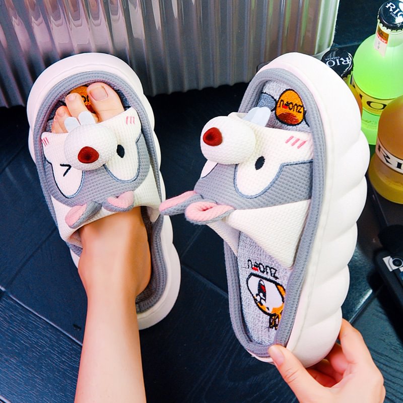 Yyvonne New Fashion Linen Slippers Women Cute Squirrel Home Platform Slippers Comfort Cartoon Couple Ladies Slides Free Shipping