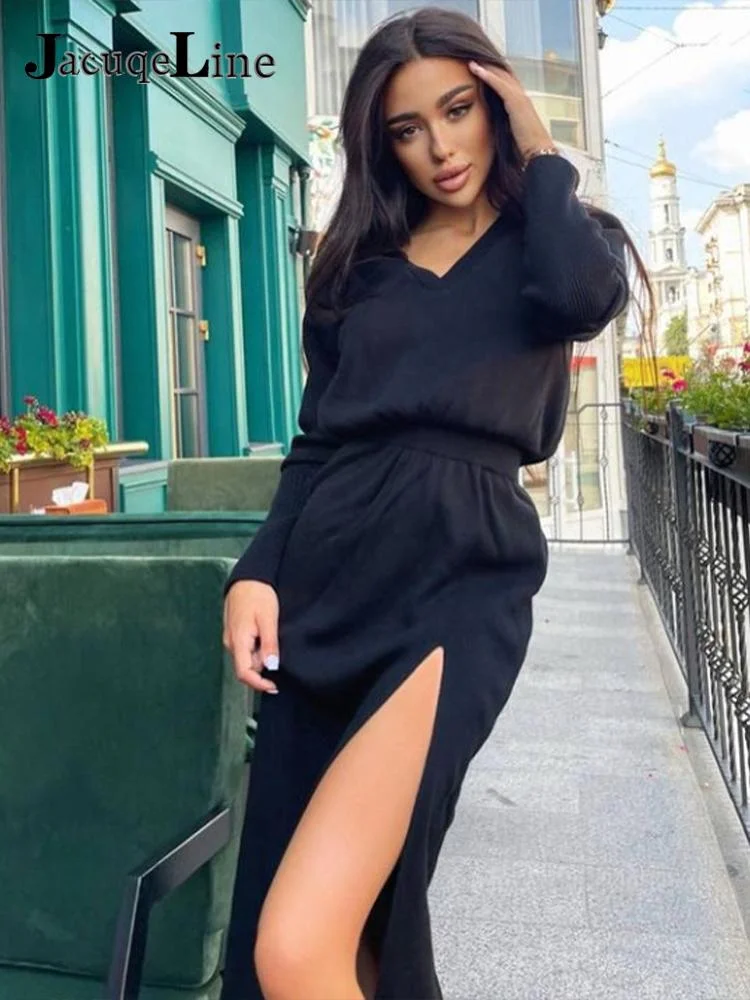 Jacuqeline Spring 2022 V Neck Sexy Split MIdi Knitted Dress Women Y2K Green Long Sleeve Elastic Waist Elegant Party Dresses