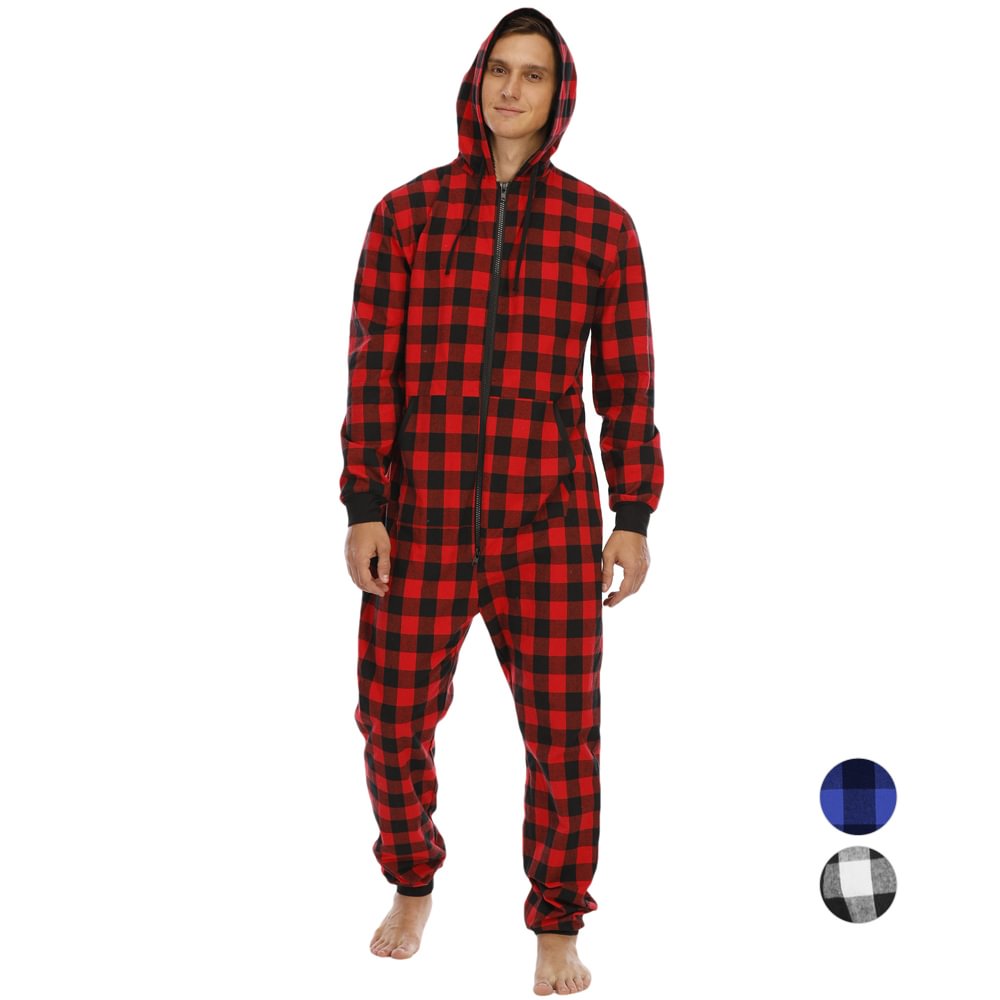 Men Jumpsuit Pajamas Hooded Zip Front Fleece Pajama Adult Onesies-Pajamasbuy