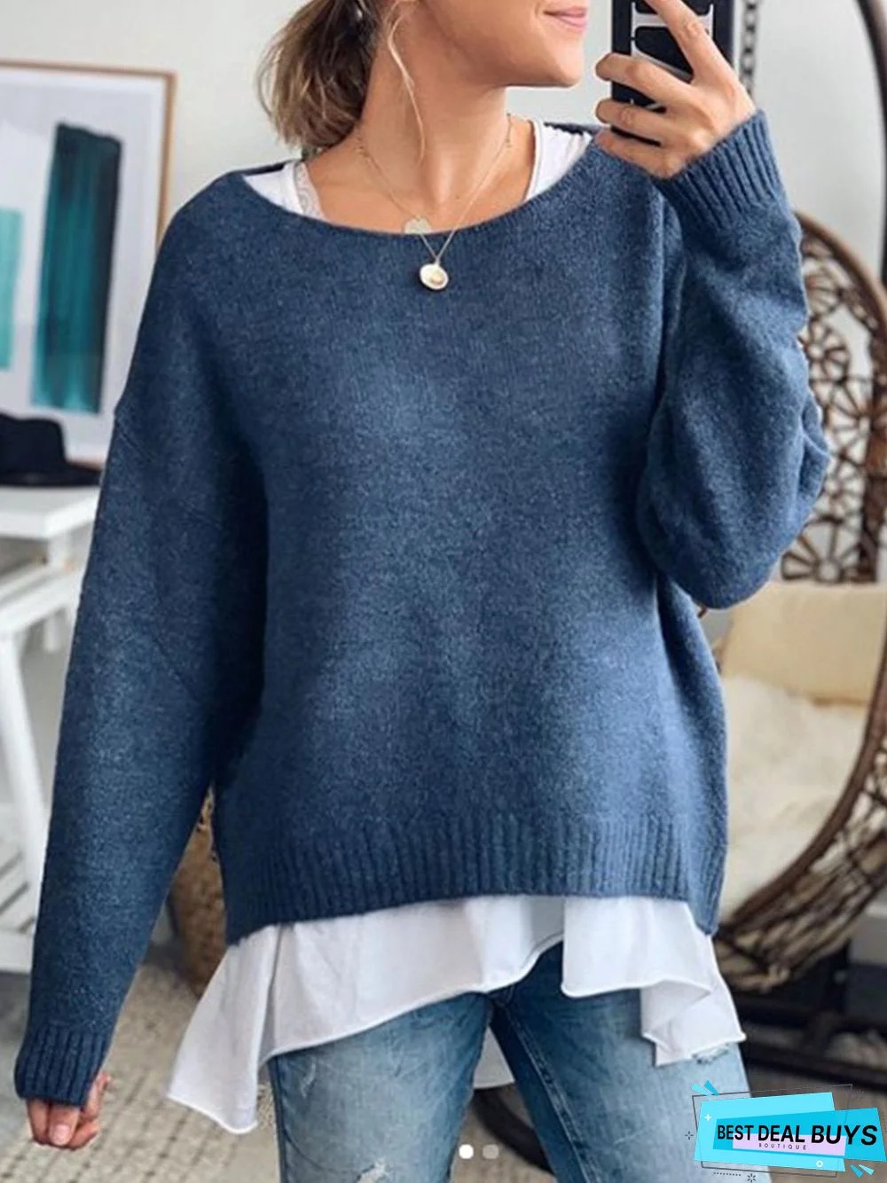 Blue Casual Cotton-Blend Crew Neck Sweater