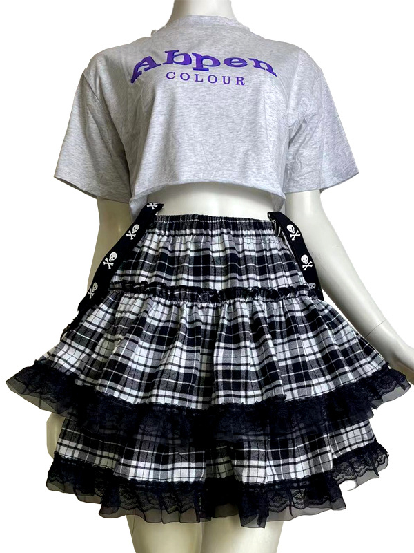 Gothic Dark Lace-up Tiered Pleated Check Paneled Skirt