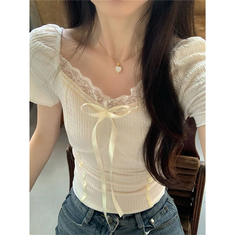 Tlbang Bow Lace Square Collar 2024 Summer Y2k Aesthetic Sweet Kawaii T-shirt Women Fairy Fashion Slim Crop Top