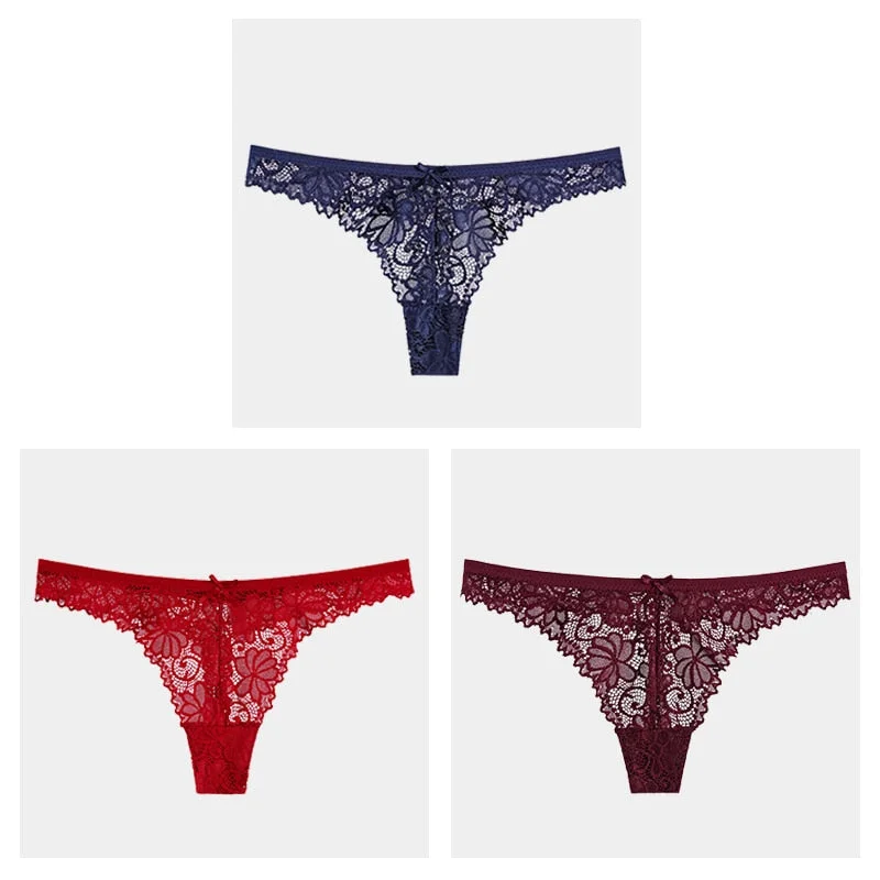 3Pcs/Lot Sexy Lace Thong Low Waist Lace Transparent Panties Women Hollow out Breathable G String Briefs Bow Underwear Lingerie
