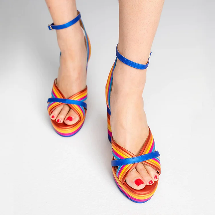 Multicolor Platform Sandals Women's Ankle Strap Chunky Heel Shoes |FSJ Shoes