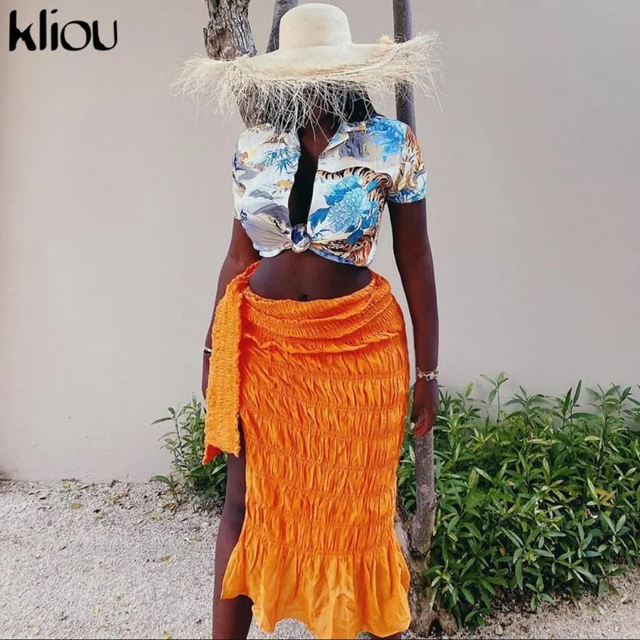 Kliou Pleated Woven Skirt For Women Harajuku Sexy Oversized Casual Clothing Irregular