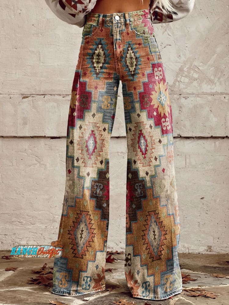 Women’s Vintage Geometric Pattern Print Casual Wide Leg Pants Multicolor / Xs