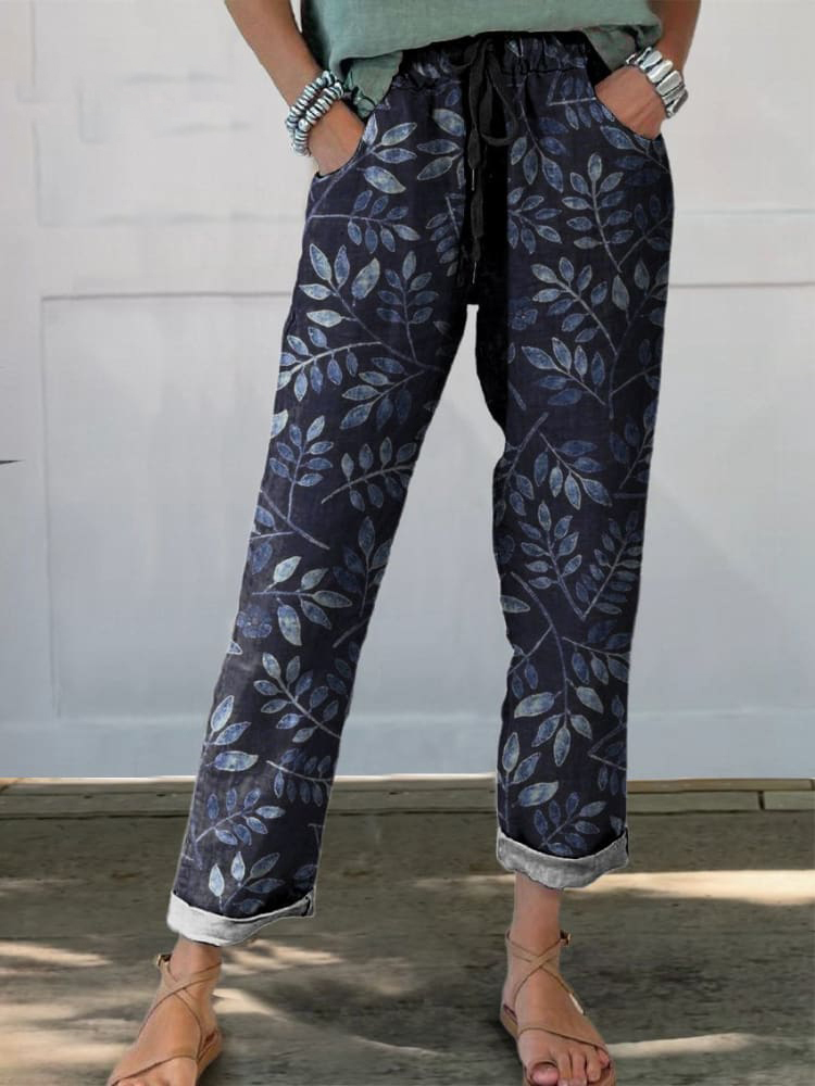 Comstylish Women's Vintage Leaves Floral Printed Cotton Linen Casual Pants