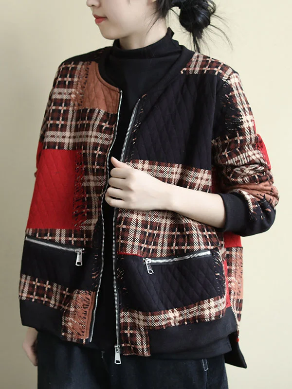 Vintage Thicken Plaid Printed Asymmetric Round-Neck Jacket