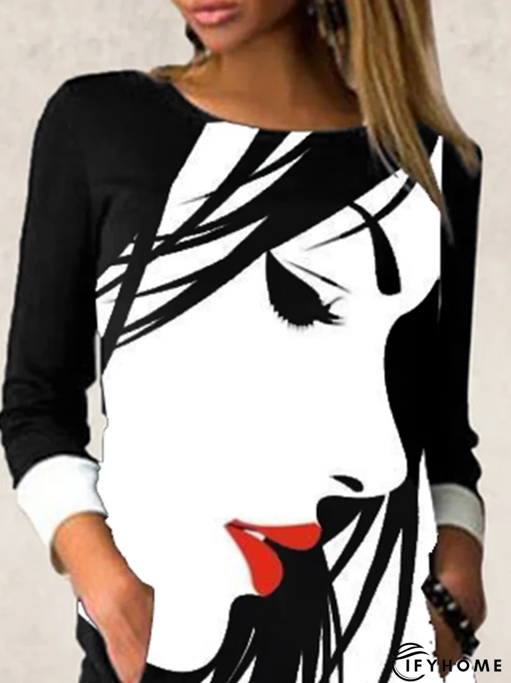 Abstract 3/4 Sleeve Cotton-Blend Vintage Knitting Tunic Dress | IFYHOME