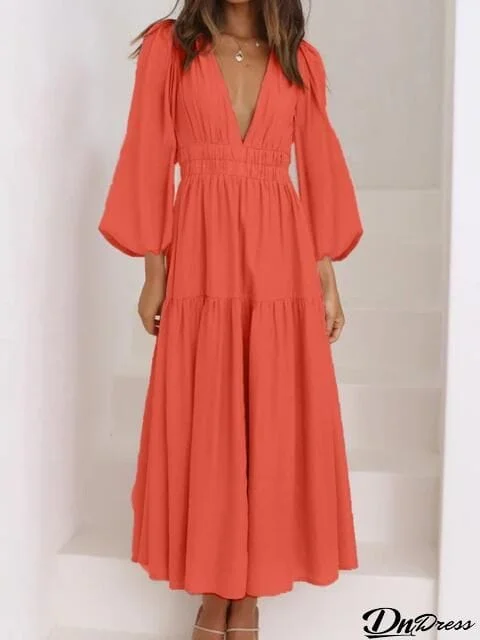 Deep V-Neck Balloon Sleeve Plain Maxi Dress